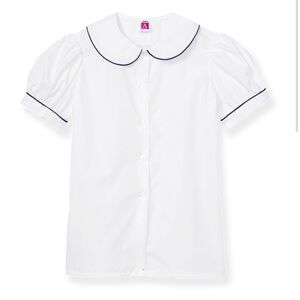 A+ White Peter Pan School Uniform Blouse Navy Blue Piping Short Sleeve Sz YM